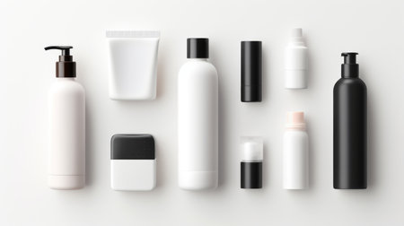 Blank beauty product bottles on white background. A range of skincare packaging, minimalist design, black and white. Mockup. Concept of modern cosmetics, uniform beauty products, branding template.の素材