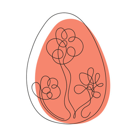 Colored Easter egg with pattern. Continuous one line drawing. Isolated on white background. Minimalist. Design element. Ideal for icon, logo, print, Easter decoration, coloring book, greeting cardのイラスト素材