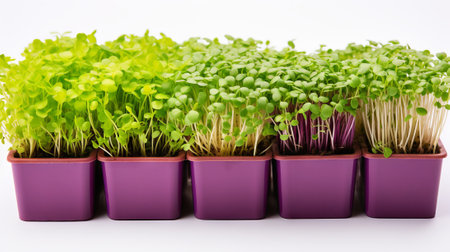 Different microgreen types in square pots. Variety of young edible sprouts. Concept of diversity in urban gardening, nutritious sprouting, compact farming, healthy lifestyle.の素材