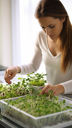 Woman tending to young microgreens. Individual gardening microgreens. Concept of urban farming, hands-on agriculture, green living, home gardening, healthy organic food. Verticalの素材
