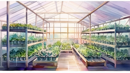 Watercolor illustration of a greenhouse with plant shelves. Concept of greenhouse gardening, botanical illustration, plant cultivation, serene environment.の素材