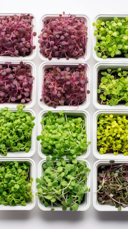 Assorted microgreens growing in containers. Top view. White background. Variety of young edible sprouts. Concept of urban gardening, nutritious sprouting, compact farming, healthy lifestyle. Verticalの素材