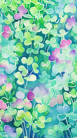 Watercolor green purple microgreens. Light background with aquarelle splashes. Concepts of urban gardening, nutritious sprouting, healthy lifestyle, grows, springtime, botanical art. Verticalの素材