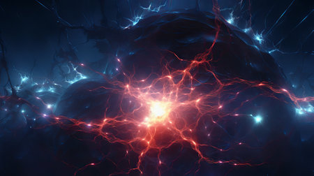 Vibrant cosmic energy surge with dynamic interplay of electric blues and fiery reds. Magnetic storm in outer space. Concepts of cosmos, energy, abstract, fantasy background and dynamic flow.の素材