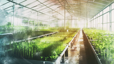A modern agricultural setup with layers of vibrant green seedlings. Watercolor illustration. Concept of urban farming, sustainable agriculture, hydroponics, indoor gardening.の素材