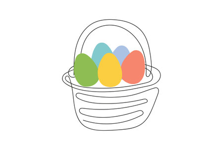 Wicker basket with colorful Easter eggs. Continuous one line drawing. Vector illustration isolated on white background. Minimalist style. perfect for Easter promotions, greeting cards. Design elementのイラスト素材