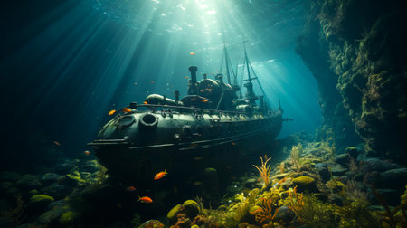 Vintage submarine amidst an underwater coral landscape. Concept of underwater exploration, marine vehicle, ocean adventure, and digital artwork.の素材