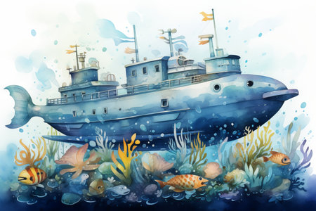 Watercolor Illustration of submarine amidst an underwater coral landscape. Concept of underwater exploration, marine vehicle, ocean adventure, and digital artwork.の素材