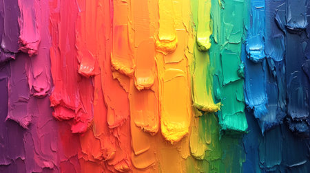 Vibrant, textured strokes of rainbow oil paint applied thickly on a surface. Bright background. Concept of art, painting, color spectrum, texture.の素材