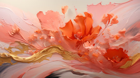 Textured paint strokes in pink, peach, coral and gold creating a floral abstract. Concept of vibrant backdrop, decorative painting, color blending.の素材