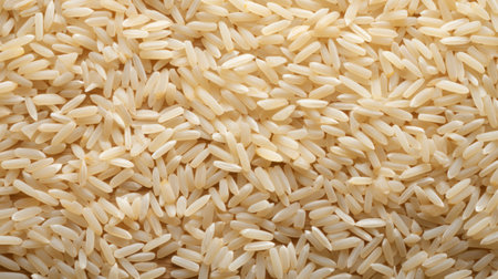 Close up of uncooked white rice grains filling the frame. Top view. Copy space. Concept of uncooked food, dietary staple, cereal grain, and agricultural product.の素材