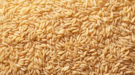 A dense, full frame of golden rice grains, rich in detail and color. Top view. Background. Texture. Concept of uncooked food, dietary staple, cereal grain, and agricultural product.の素材