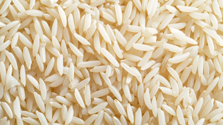 White rice grains. Textured background. Top view. Copy space. Concept of uncooked food, dietary staple, cereal grain, and agricultural product.の素材