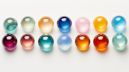 Row of colorful glass spheres on white surface, reflecting light. Concept of glass art, marbles collection, color variety, transparent objects. Top viewの素材
