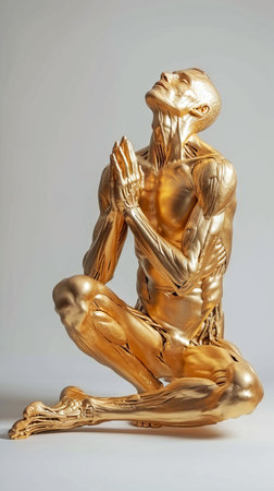 Gold statue of praying man on a light background. Concept of religion, faith, classical sculpture, luxury decor, antiquity art, renaissance. Vertical formatの素材