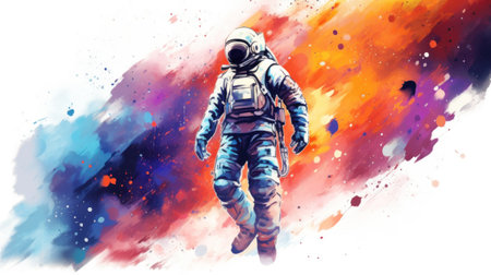 Watercolor of astronaut in zero gravity against a backdrop of abstract space elements. Concept of space exploration, astronautics, aquarelle art, cosmic.の素材