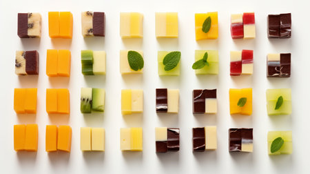 Assortment of fruit candies in various colors and flavors, neatly arranged in rows on a white backdrop. Concept of candy variety, hand made sweets collection, Confectionery display, artisanal treats.の素材