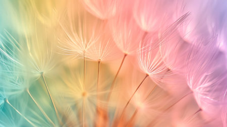 Dandelion fluff with pastel rainbow colors. Abstract colorful background. Concept of delicate beautiful backdrop, serene and calmness, dandelion seedsの素材