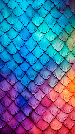 Colorful fish scale textured background in vibrant gradient colors.. Concepts of fantasy textures, iridescence, mermaid tail, rainbow backdrop, vibrant patterns. Vertical formatの素材