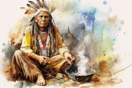 Watercolor art of a Native American shaman with ceremonial headdress by fire under the night sky. Tribal leader. Concept of indigenous culture, traditional ritual, native attire, spiritual ceremonyの素材