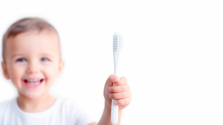 Happy kid with toothbrush. Concept of dental care, hygiene routine, healthy habits, and pediatric dentistry. White background. Copy space.の素材