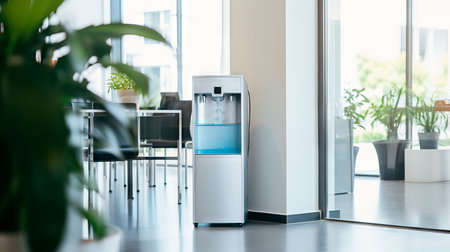 Modern office water cooler in bright workspace. Concept of hydration, corporate environment, water dispenser, and office amenities. Copy spaceの素材