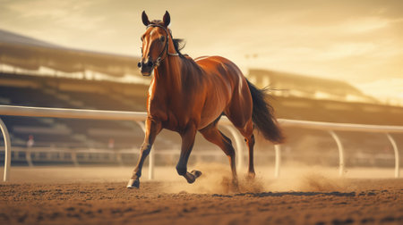 Horse galloping in sandy arena. Concept of freedom, power, equine grace, sports equestrian club, horse training.の素材