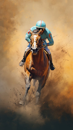 Jockey on a racing horse in dynamic motion, dust background. Concept of horse racing, speed, competition, and equestrian sports. Vertical formatの素材