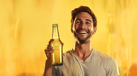Smiling man holding a beer bottle, vibrant yellow backdrop. Concept of beer tasting, party, friendly gathering, lifestyle and enjoyment. Banner. Copy space. Digital illustrationの素材