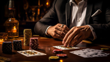 Man playing poker in a dimly lit room. Concept of gambling, strategy, risk, and casino nightlife.の素材