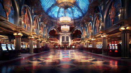 Casino interior with variety of slot machines and decorative lighting. Concept of luck, betting, nightlife, gambling, leisure, and excitement.の素材