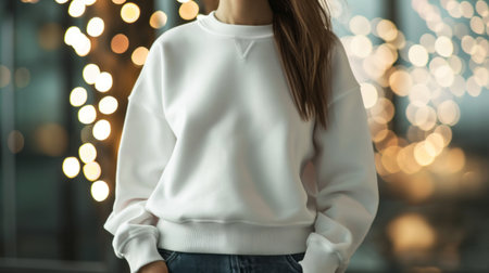 Woman wearing clean white sweatshirt. On a light blurred background. Outdoors. Sweatshirt Mockup. Concept of urban fashion, street style, template for designの素材