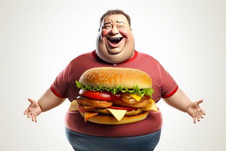 Smiling cartoonish fat man with a big hamburger. Concept of fun food art, humorous character design, digital illustration, fast food, unhealthy eatingの素材