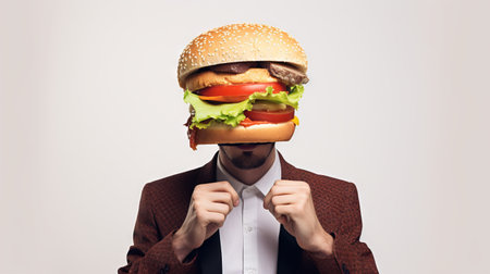 Hamburger-headed man in a suit. Concept of corporate lunches, fast food, business dining, fusion of cuisine and business, quirky food advertisement. White backgroundの素材
