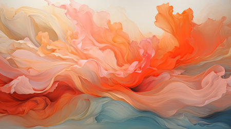 Abstract swirls of peach and pink in a fluid art style. Concept of fluid art, soft fabric folds, coral and peach fluidity, delicate wave texture.の素材