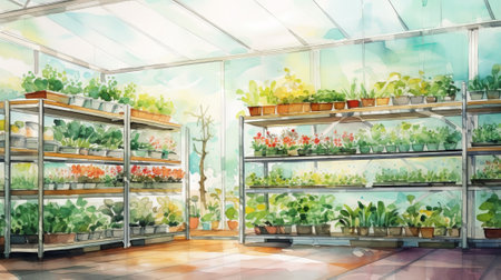 Indoor garden with plants with sunlight filtering through. Watercolor illustration. Concept of greenhouse gardening, botanical illustration, plant cultivation, serene environment.の素材