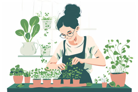 Woman tending to indoor potted plants. Simple flat illustration. White background. Concept of indoor gardening, home horticulture, botanical hobby and organic plant growth.の素材