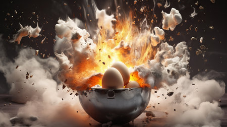 Eggs in a bowl with explosive flames around. Concept of cooking drama, cooking danger, kitchen mishap, culinary disaster, high heat.の素材