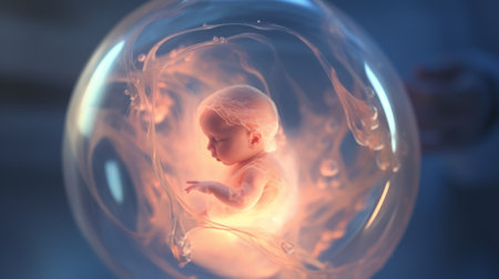Sleeping infant in a translucent blue sphere. Fetus inside a glowing womb. Concept of new life, nurturing warmth, comfort, calmness, beginnings, and innocence.の素材