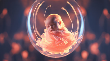 Sleeping infant in a translucent sphere. Fetus inside a glowing womb. Concept of new life, nurturing warmth, comfort, calmness, beginnings, and innocence.の素材