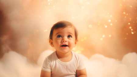 Smiling baby with a sparkling background, embodying joy and innocence. Concept of childhood happiness, purity, and wonder. Copy spaceの素材