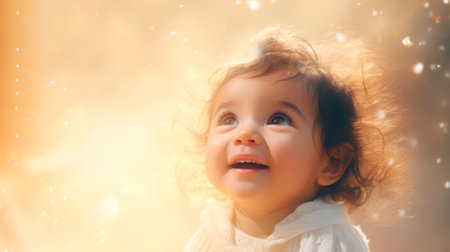 Happy baby with twinkling lights, radiating a sense of wonder and delight. Concept of innocence, joyful discovery, and cherubic charm.の素材