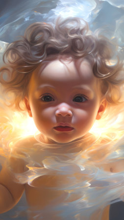 Infant floating in a cosmic whirl, depicting exploration and wonder. Concept of new frontiers, innocence in the cosmos, and celestial discovery. Vertical formatの素材
