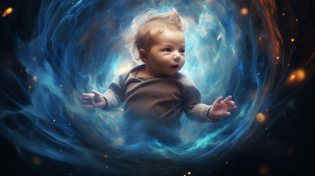 Infant floating in a cosmic whirl, depicting exploration and wonder. Concept of new frontiers, innocence in the cosmos, and celestial discovery.の素材