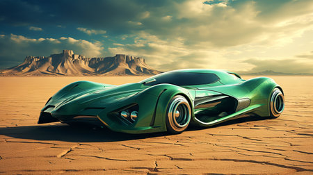 Futuristic emerald sports car in a desert landscape of an alien planet. Concept of innovation, speed, luxury vehicles, and technology. Extraterrestrial automobile. Fantasy worldの素材