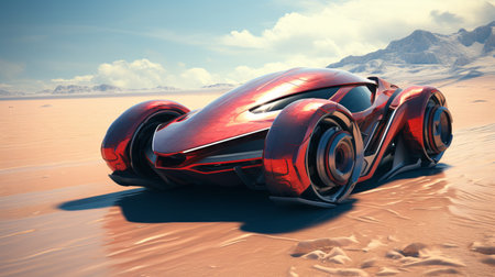 Futuristic red sports car in a desert landscape of an alien planet. Concept of innovation, speed, luxury vehicles, and technology. Extraterrestrial automobile. Fantasy worldの素材
