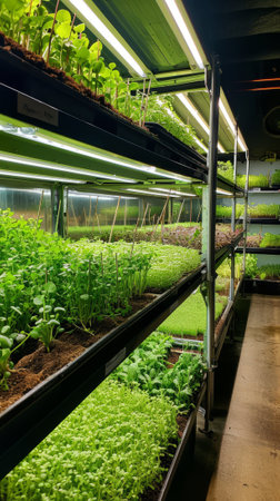 A modern agricultural setup with layers of vibrant green seedlings. Concept of urban farming, sustainable agriculture, hydroponics, indoor gardening. Vertical formatの素材