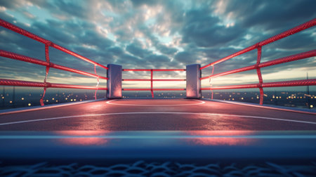Outdoor empty boxing ring with scenic cityscape and sunset, highlighted by red ropes. Concept of sports, urban landscape, sunset, boxing outdoors, city backdrop.の素材