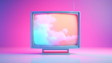 Vintage television displaying clouds on a vibrant pink and blue background. Concept of retro media, nostalgic entertainment, and creative display.の素材