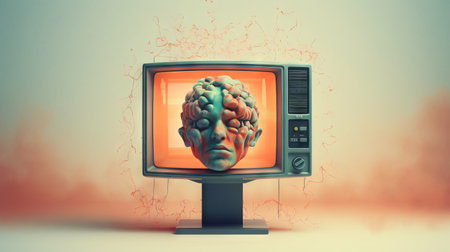 Vintage TV displaying a human head with a brain texture. Concept of psychology, media influence, cognitive science, mental health awareness, thought processes, and brain function.の素材